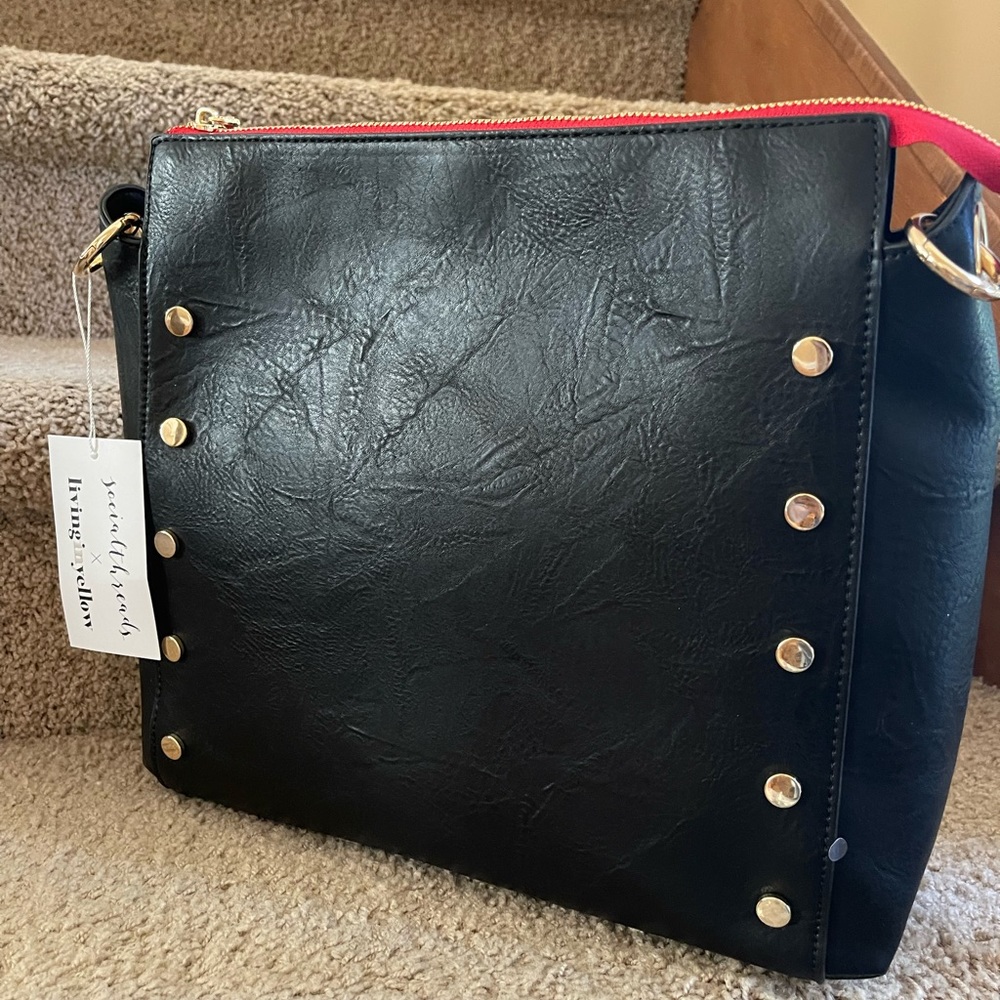 Social Threads and Living in Yellow Collaboration Black Studded Crossbody Purse